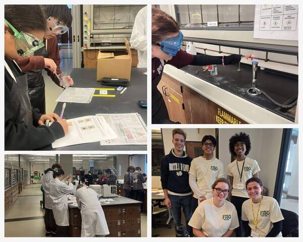 Students in labs, wearing safety gear, conduct experiments with beakers & Bunsen burners. A group of smiling FISO 2026 students.