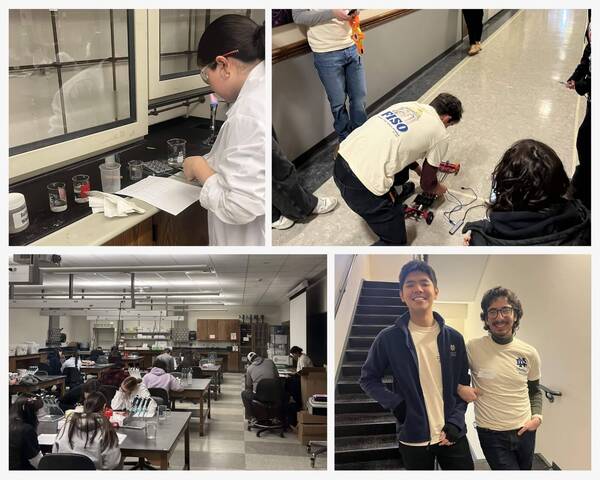 Students conduct experiments with Bunsen burners and pipettes, build robots, and pose smiling in Notre Dame labs and hallways.